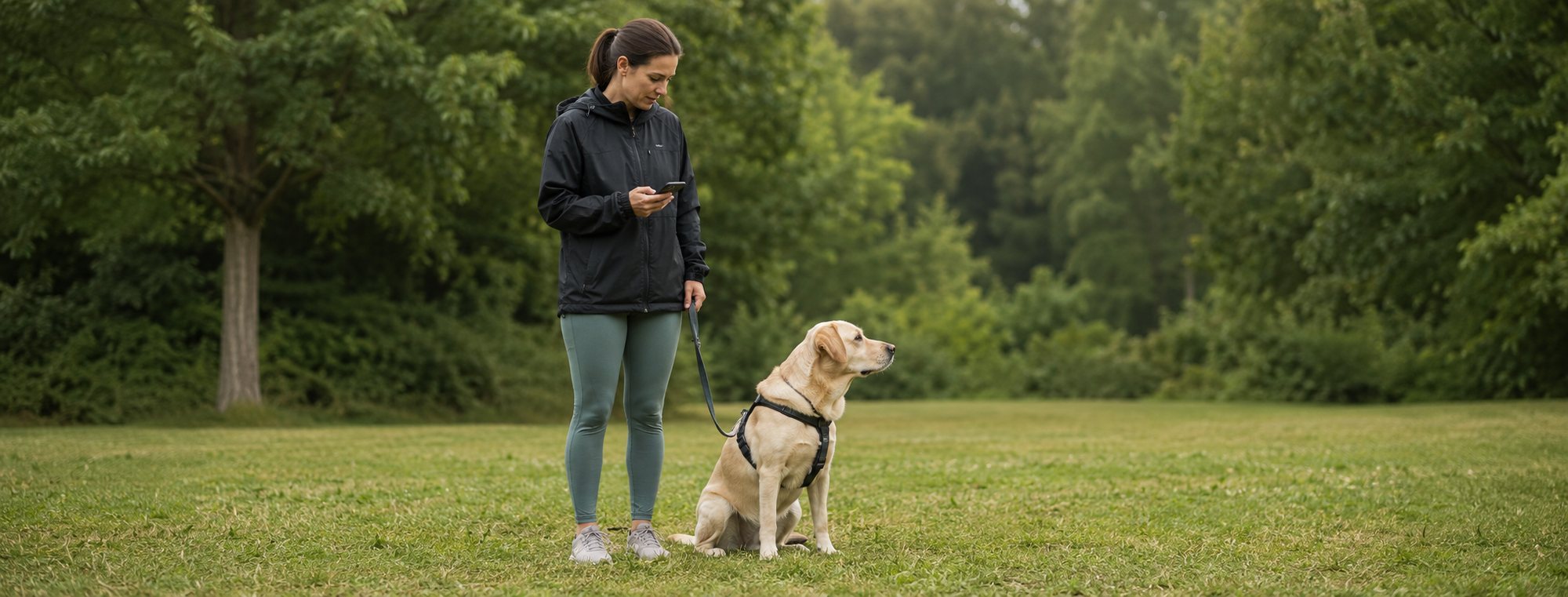 A trainer in a park holds a leash in one hand and a phone in the other while a labrador in a body harness sits calmly beside her