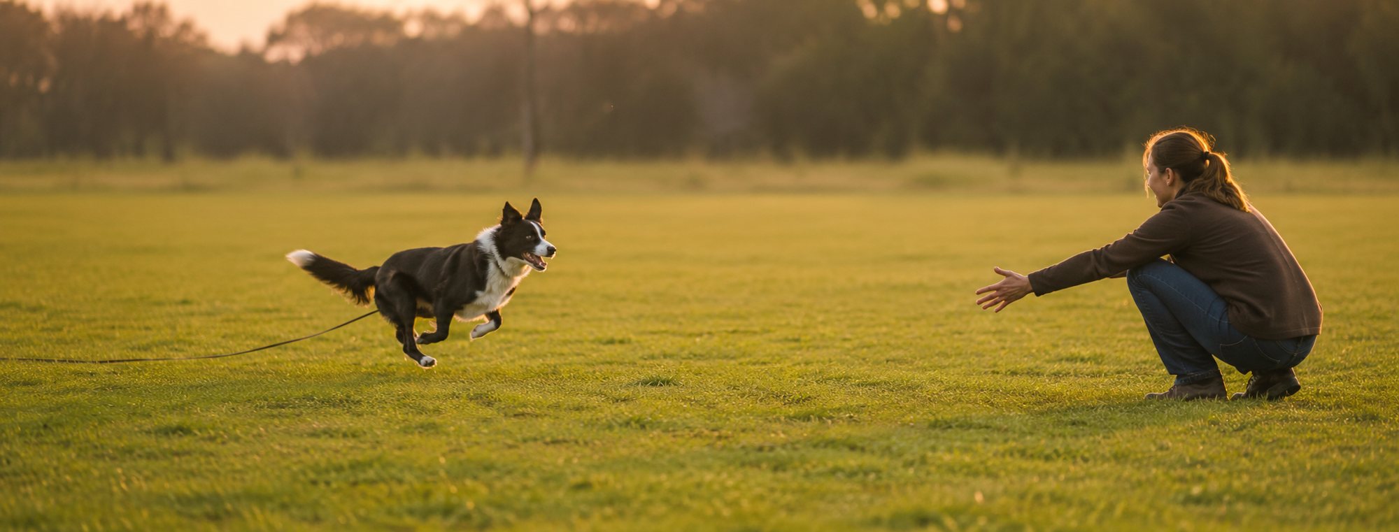 A border collie sprints across a grass field at golden hour toward a crouching handler, a long training line trailing slack behind it