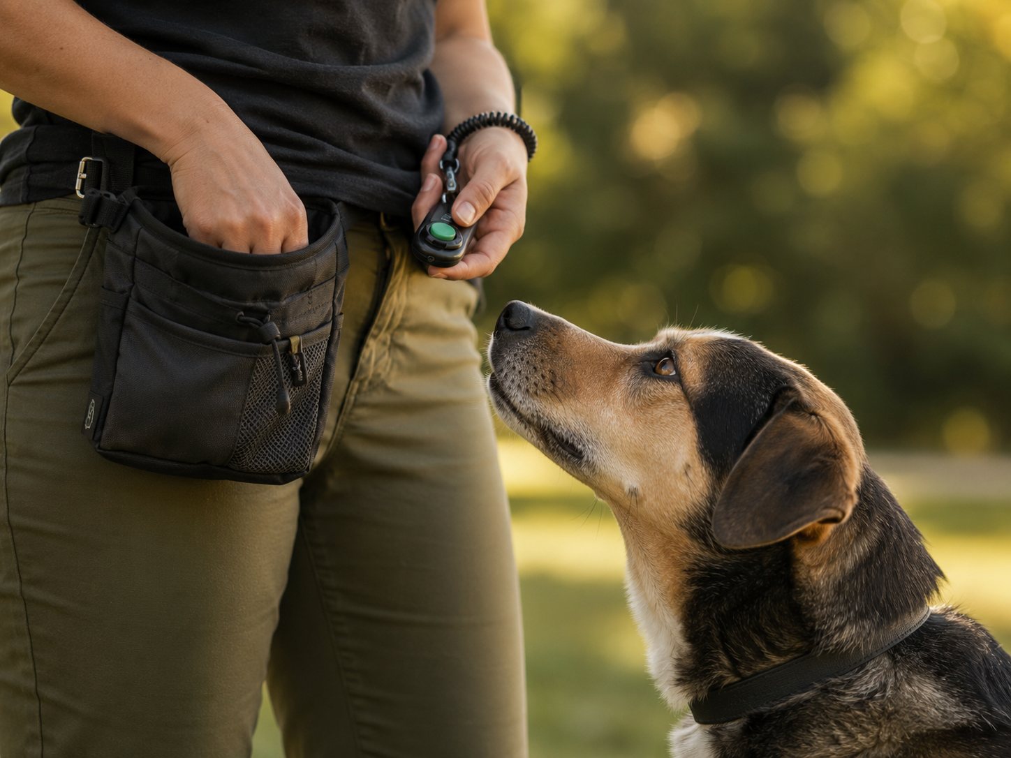 Close view of a trainer's hands at a treat pouch with a clicker on a wrist coil, a mixed-breed dog looking up attentively, flat collar visible